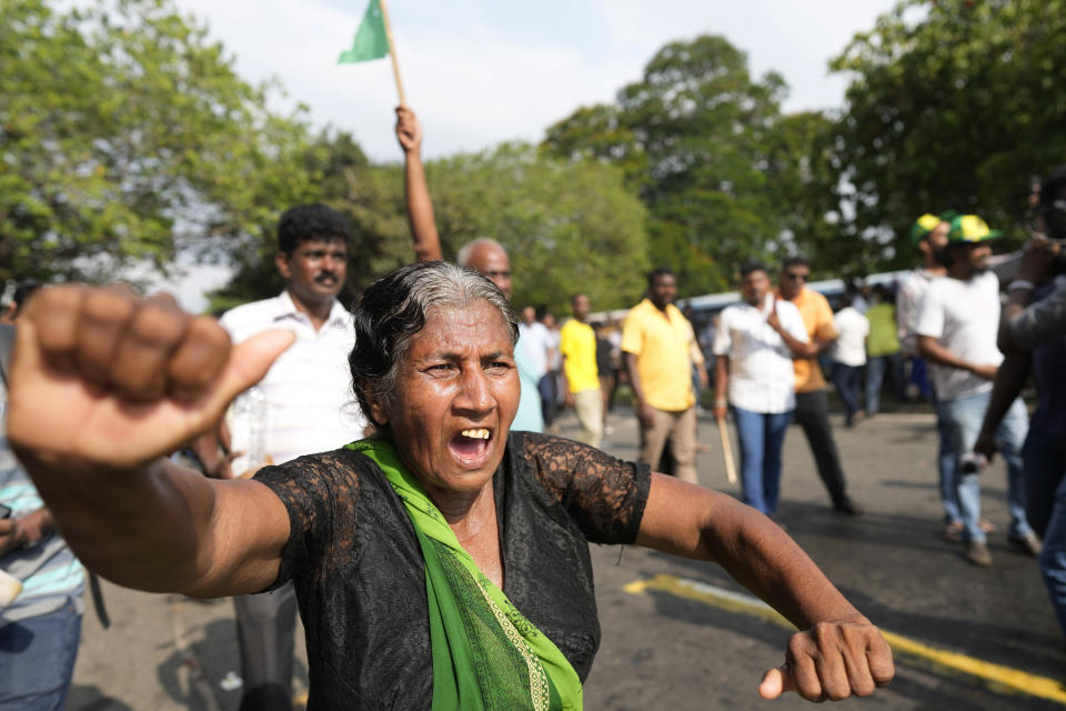 Supporters of Sri Lanka's main opposition shout slogans during a protest rally against high taxes and increases in electricity and fuel charges, in Colombo, Sri Lanka, Tuesday, Jan. 30, 2024. (AP Photo/Eranga Jayawardena)