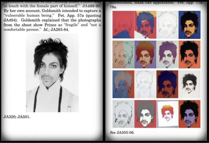 left: black and white portrait of prince. right: warhol colorful collage of illustrated portraits of prince