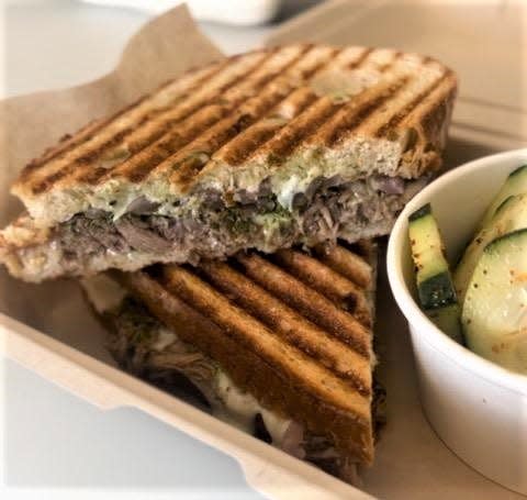 The Neon Cowboy sandwich with Chili Lime Cucumbers from Clean Plate Club SRQ food truck in Sarasota.