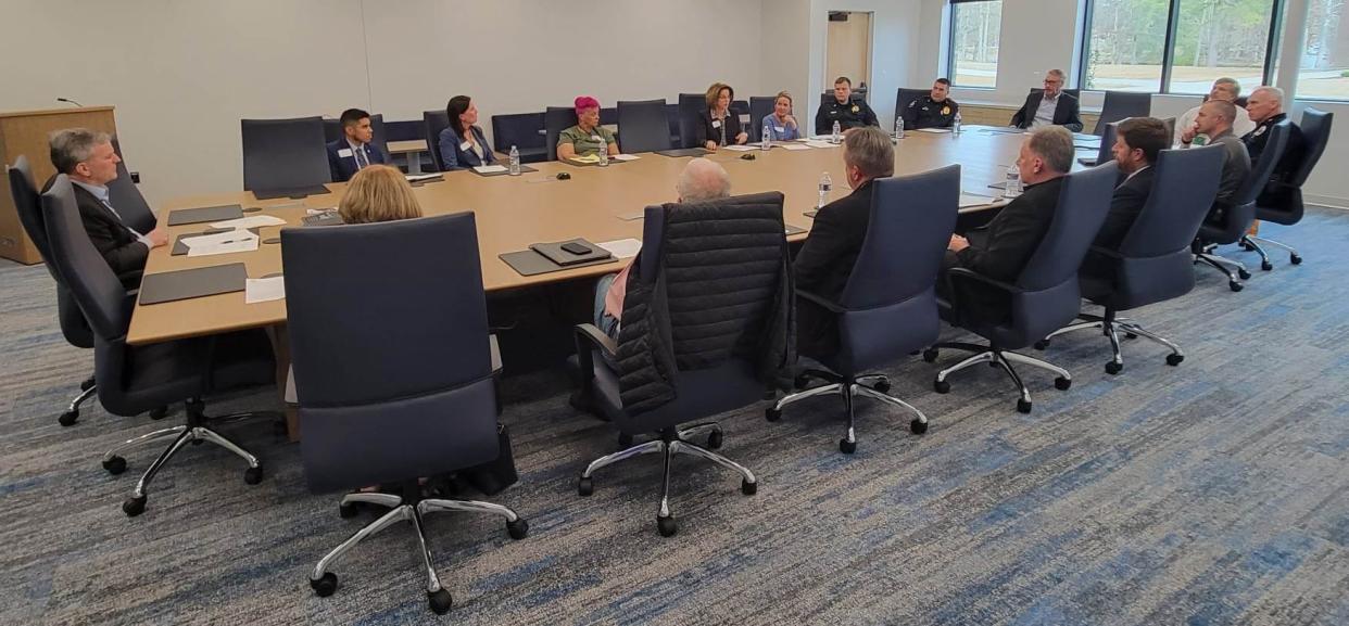 North Carolina Attorney General Josh Stein meets with leaders of the community to discuss the state's opioid settlement on Feb. 21 at Blue Ridge Community College.