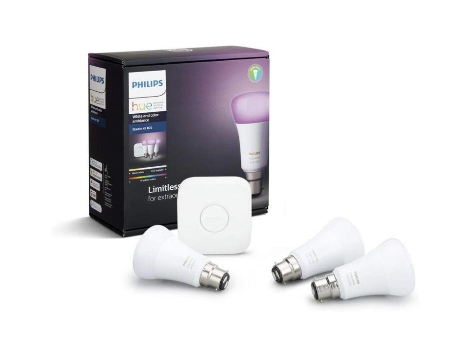 Philips hue white and colour ambiance wireless lighting B22 bayonet cap starter kit: Was £106.98, now £74.99, Amazon.co.uk (Philips)