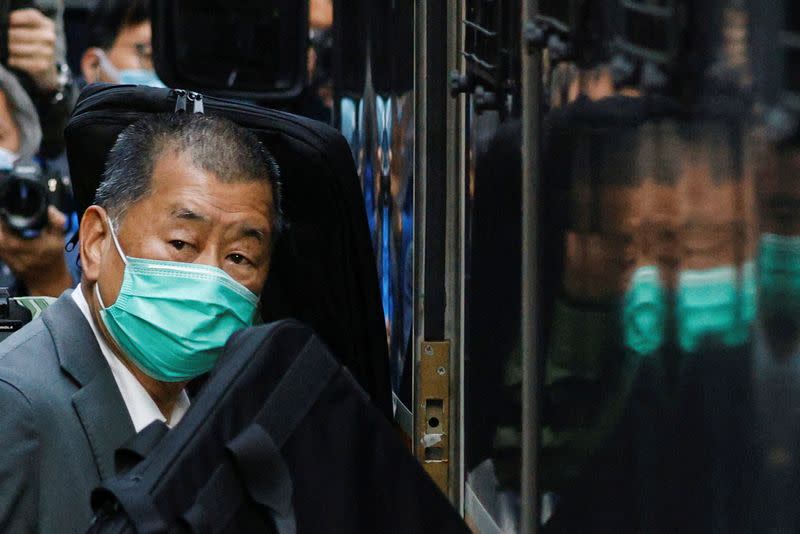 FILE PHOTO: Media tycoon Jimmy Lai, founder of Apple Daily, leaves the Court of Final Appeal, in Hong Kong
