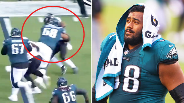 Philadelphia Eagles offensive tackle Jordan Mailata (68) reacts walking off  the field against the New York