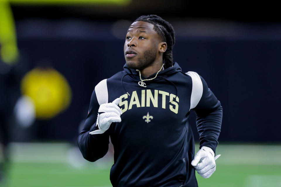 Oct 30, 2022; New Orleans, Louisiana, USA;  New Orleans Saints running back Alvin Kamara (41) during warm ups against the Las Vegas Raiders at Caesars Superdome. Mandatory Credit: Stephen Lew-USA TODAY Sports