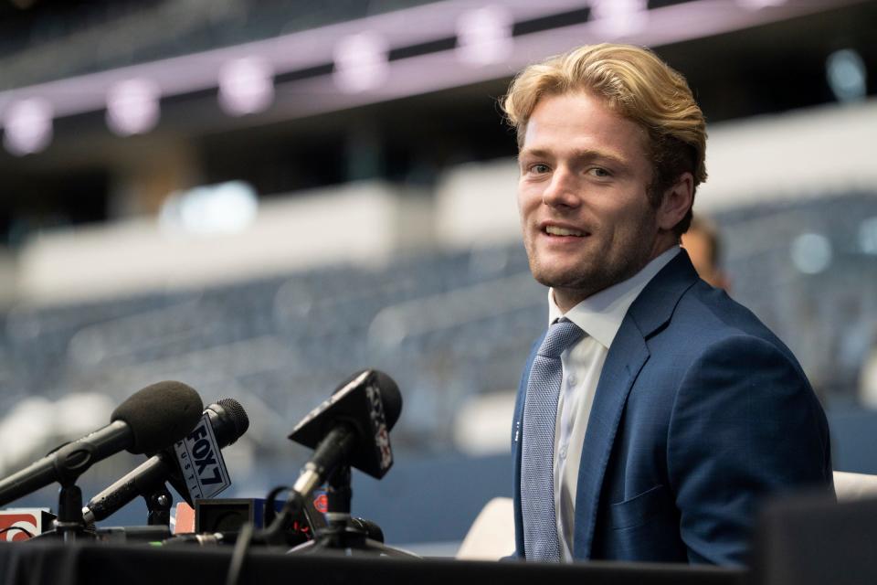 OU receiver Drake Stoops answers questions at Big 12 Media Days on July 13 at AT&T Stadium in Arlington, Texas.