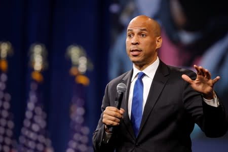 U.S. Democratic presidential candidate Senator Booker (D-NJ) responds to a question during a forum held by gun safety organizations the Giffords group and March For Our Lives in Las Vegas