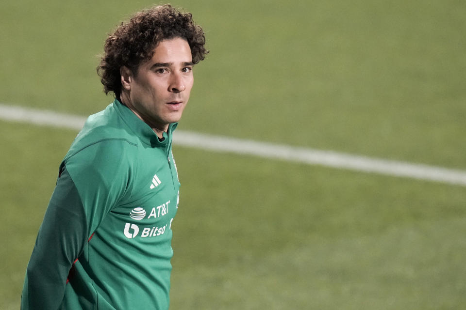 Mexico's goalkeeper Guillermo Ochoa attend a training session in Jor, Qatar, Wednesday, Nov. 23, 2022. (AP Photo/Moises Castillo)