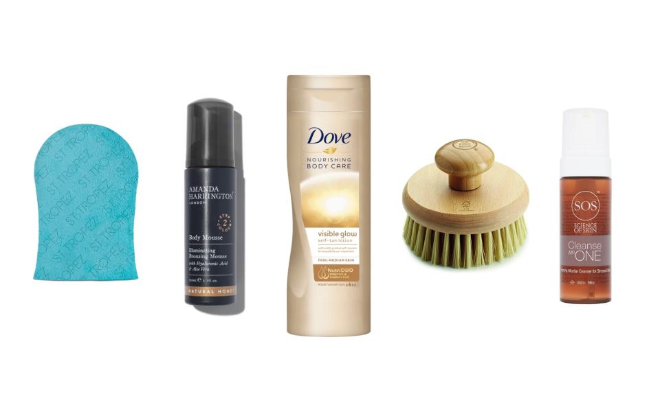 St.Tropez Dual Sided Luxe Velvet Fake Tan Mitt, £5; Amanda Harrington Body Illuminating Mousse, £38; Dove Visible Glow Self-Tan Body Lotion, Fair to Medium, £4.50; The Body Shop Round Body Brush, £10; Science of Skin Cleanse No. One, £15.99 