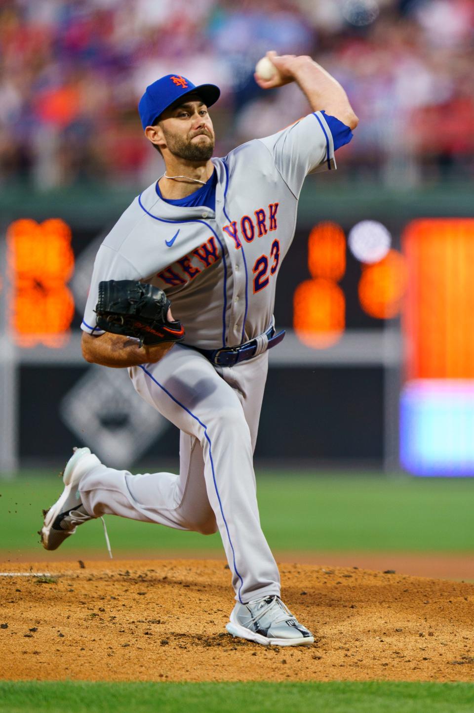 New York Mets starting pitcher David Peterson throws during first inning of the second baseball game of a doubleheader against the Philadelphia Phillies, Saturday, Aug. 20, 2022, in Philadelphia.