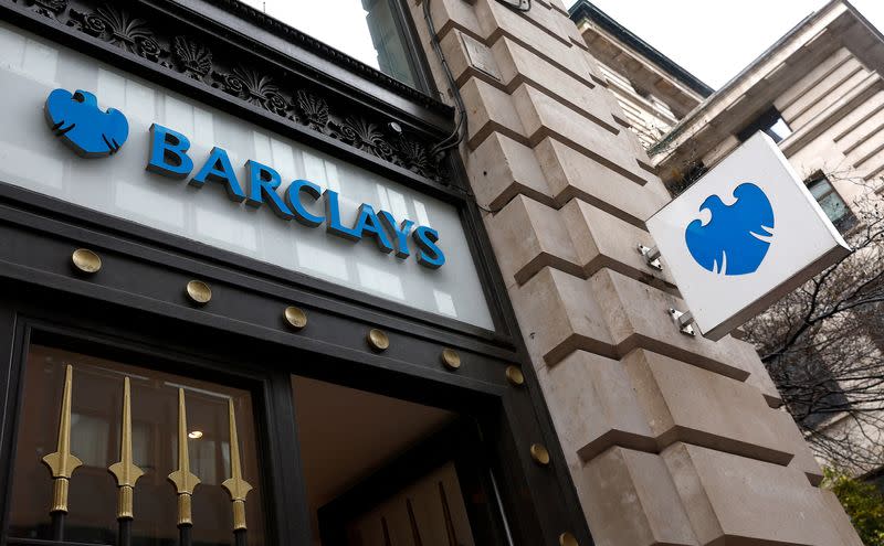 FILE PHOTO: A view shows signage on a branch of Barclays Bank in London