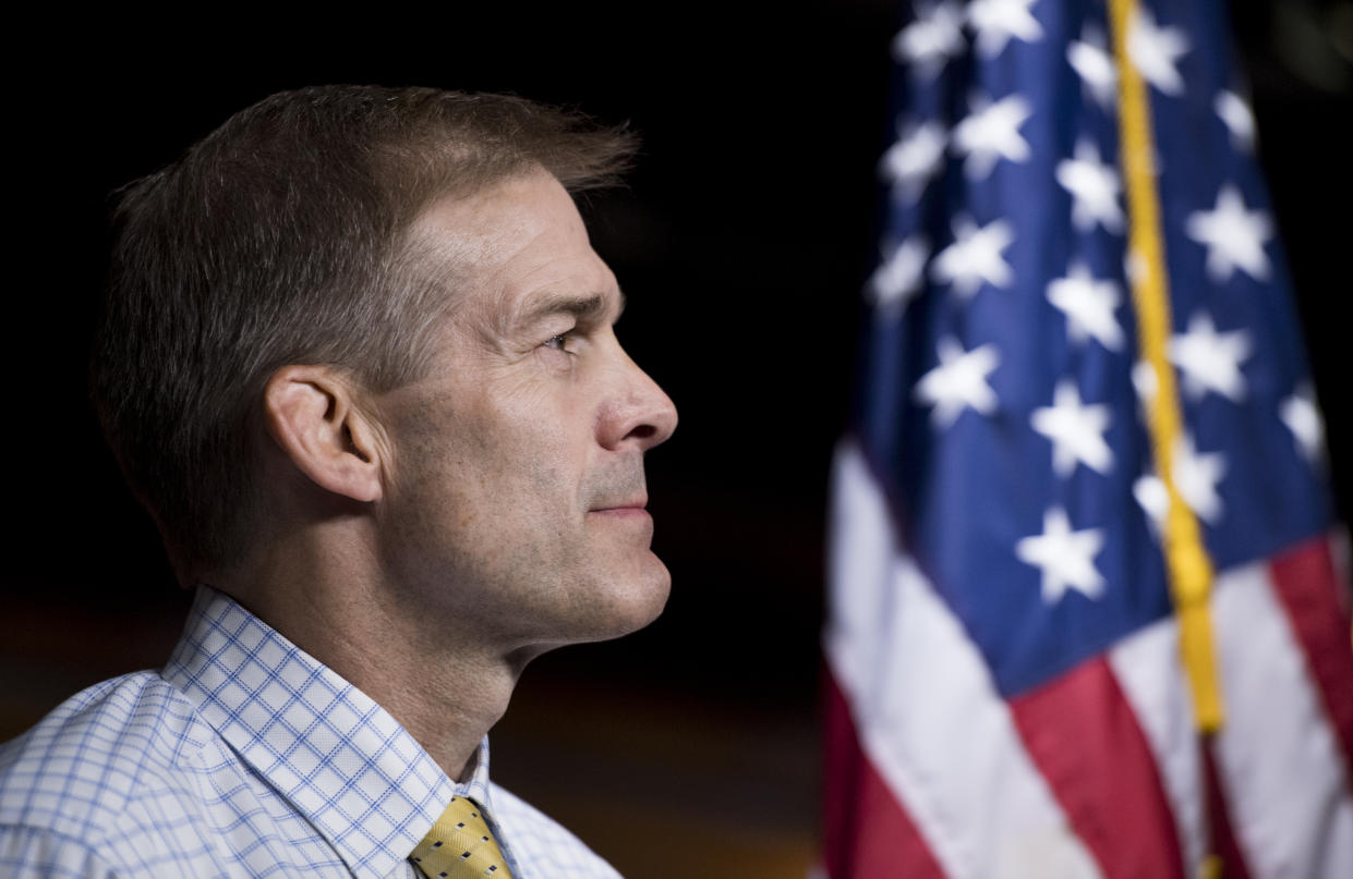 Rep. Jim Jordan, R-Ohio, participates in the Sept. 6 press conference calling on President Trump to declassify the Carter Page FISA applications. (Photo By Bill Clark/CQ Roll Call)