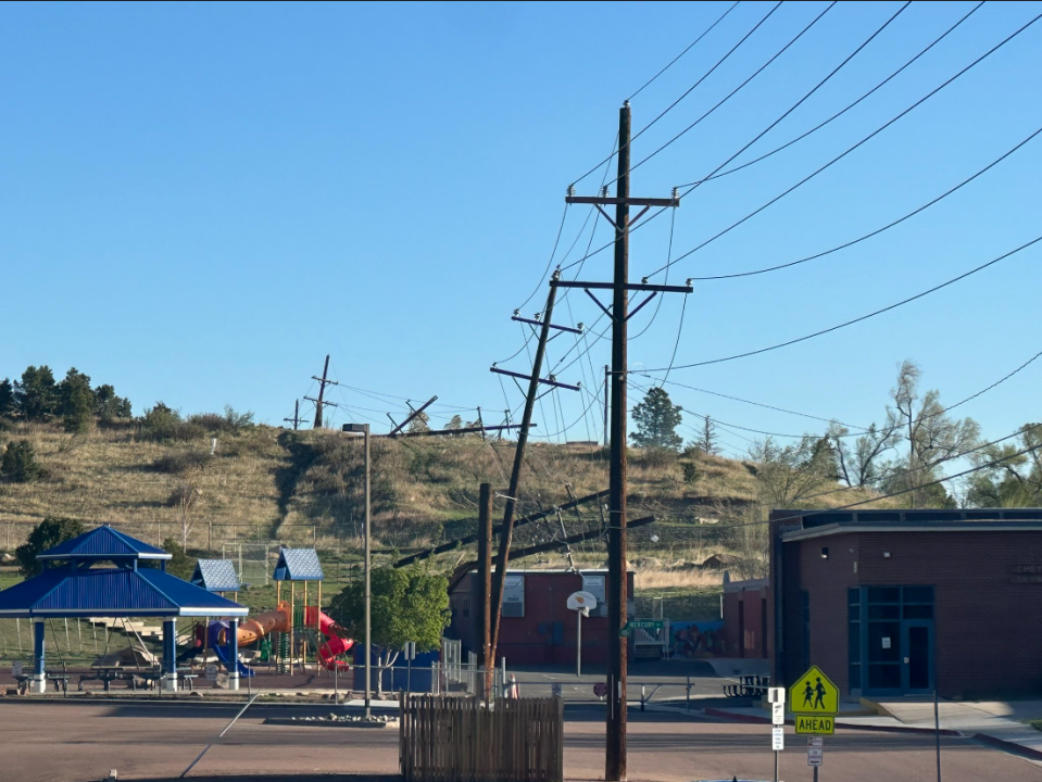 Downed power lines near Skyway Park Elementary School in the Broadmoor neighborhood