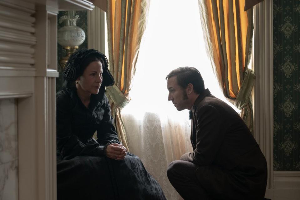 Edwin Stanton (Tobias Menzies) consoles a grieving Mary Todd Lincoln (Lily Taylor) after the assassination. Courtesy of Apple