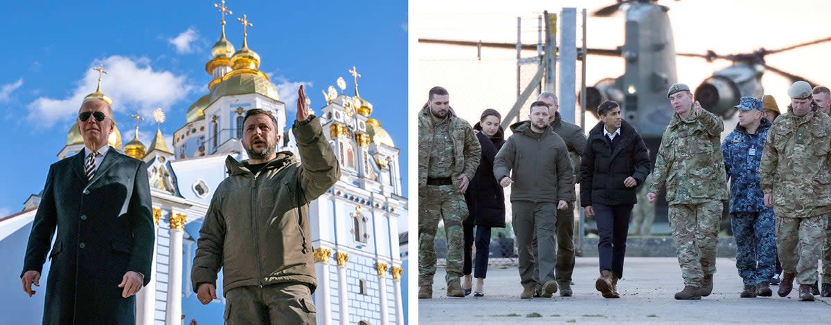 Left: President Biden, left with President Zelensky in Kyiv on 20 February 2023. Right: A visit to the UK with Prime Minister Rishi Sunak at a military facility in Lulworth, Dorset (AFP/Getty)