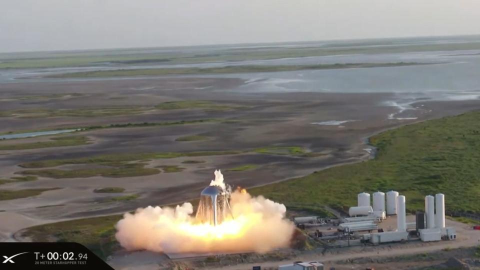 SpaceX's Starhopper – a prototype of the rocket it hopes will one day fly around the solar system – had a failed launch test that ended with it being surrounded by flames.The company was aiming to try the first "untethered" test of the rocket, which was intended to allow it to jump up into the air and then come back down again, without the restraining ties that have held it down in previous attempts.But as the test began, the rocket failed to launch and it stayed on the ground as flames poured out of its rocket. Another flame flew out of the top of the rocket, as can be seen on the video.The rocket itself appeared to survive without problems, but it is just the latest in a run of issues. It came a week after the Starhopper craft flew a fireball out of its bottom during another test.It was the first time that SpaceX has allowed one of the tests to be streamed. Previous attempts have happened in private – with spectacular descriptions of the launches leaking out after.“It appears as though we have had an abort on today’s test. As you can see there, the vehicle did not lift off today,” SpaceX engineer Kate Tice said on a live stream provided by the company. “As I mentioned before, this is a development program, today was a test flight designed to test the boundaries of the vehicle.”While the Starhopper is just a test vehicle, SpaceX hopes that it will one day turn into a rocket known as Starship. It aims to use that one day to carry people to Mars, with the help of a huge array of rocket engines.