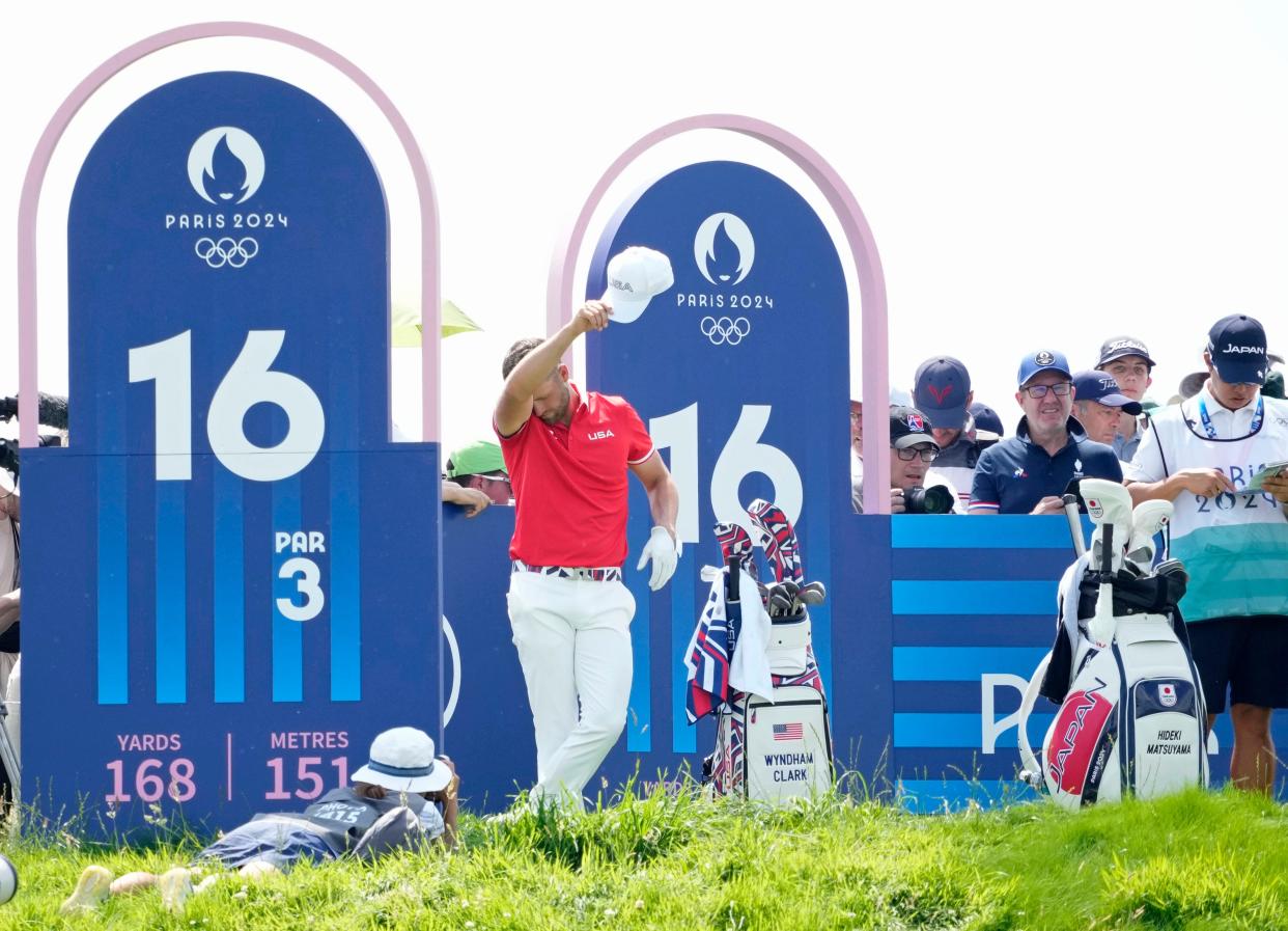 Aug 1, 2024; Saint-Quentin-en-Yvelines, France; Wyndham Clark of Team United States prepares to tee off on the 16th hole during the first round of men’s stroke play during the Paris 2024 Olympic Summer Games at Le Golf National. Mandatory Credit: Michael Madrid-USA TODAY Sports