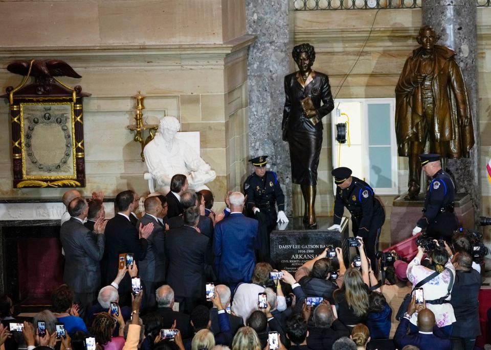 Civil rights leader Daisy Bates is honored with a statue in the U.S. Capitol on May 8, 2024 in Washington next to Jefferson Davis. Republican leaders in the Mississippi Legislature are now planning to address potentially changing the state's confederate statues in Statuary Hall in Congress.