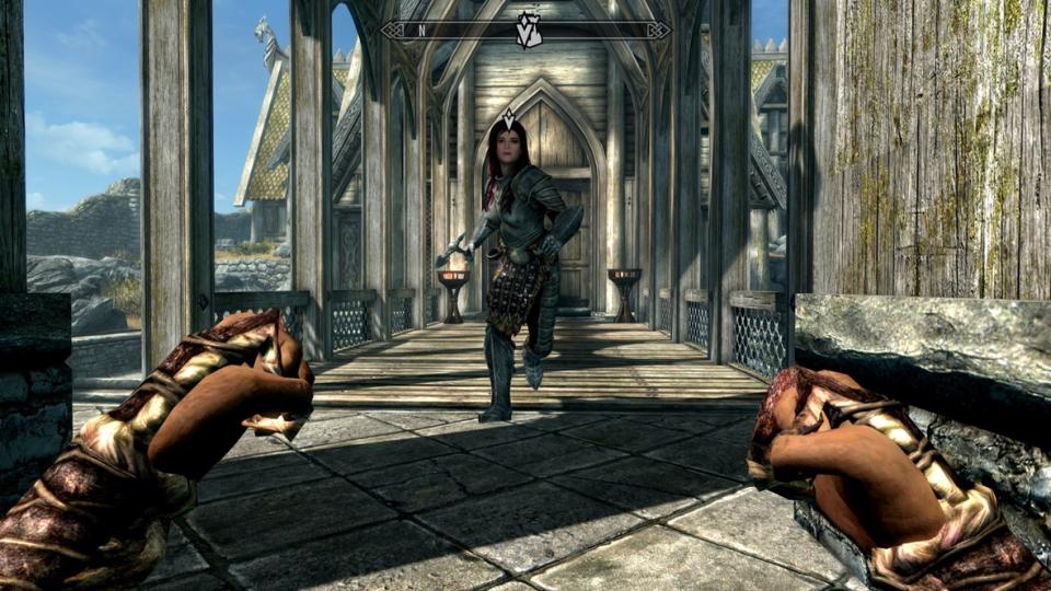 Atlana, a half giantess companion, in Skyrim's Whiterun.