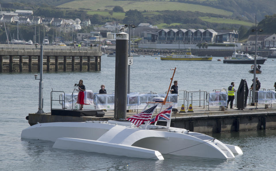 The Mayflower Autonomous Ship during a special ceremony to mark its launch in Plymouth south west England, Wednesday, Sept. 16, 2020. Dignitaries, seafarers and scientists gathered in Plymouth, England, on Wednesday to mark the 400th anniversary of the departure of the Mayflower, the ship that carried a group of Puritan settlers to a new life across the Atlantic Ocean. (AP Photo/Susie Blann)