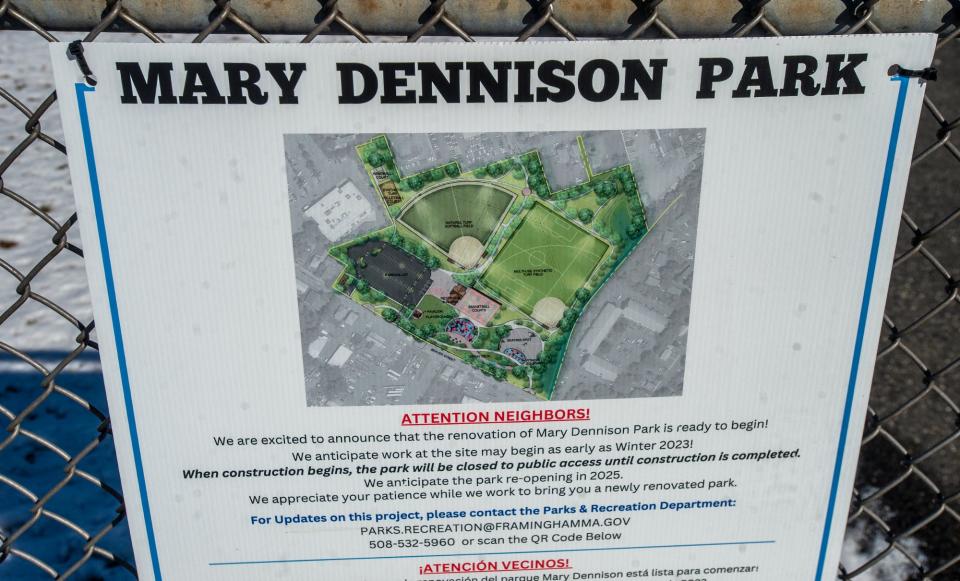 A sign visualizes what a new Mary Dennison Park will look like once renovations are completed, Feb. 14, 2024.