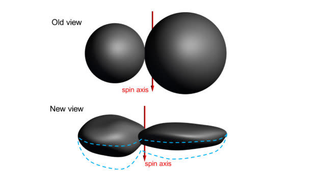 At first, scientists thought the object known as 2014 MU69 or Ultima Thule consisted of two roughly spherical objects stuck together. Further analysis showed that the lobes were shaped more like a walnut and a pancake. (NASA / JHUAPL / SwRI Illustration)