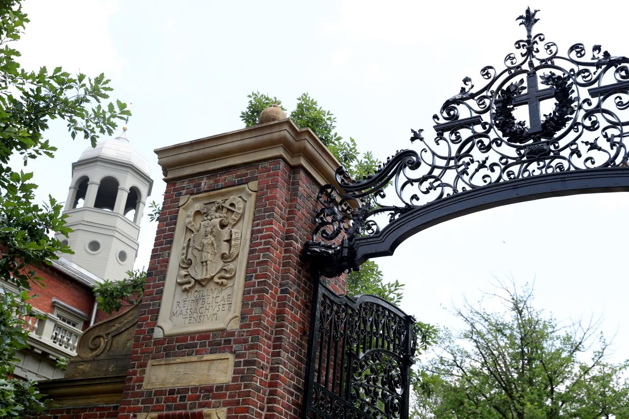 A view of a gate to Harvard Yard on the campus of Harvard University.