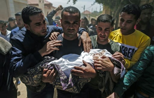 Palestinian mourners carry the shrouded body of Saba Abu Arar during her funeral in Gaza City on May 5, 2019