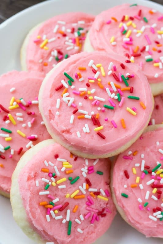 <p>Oh Sweet Basil</p><p>These copycat Lofthouse sugar cookies have a delicious buttery vanilla flavor, delicate crumb, and melt in your mouth. Then they’re topped with creamy frosting & tons of sprinkles.</p><p><strong>Get the recipe: <a href="https://ohsweetbasil.com/copycat-lofthouse-sugar-cookies-recipe/" rel="nofollow noopener" target="_blank" data-ylk="slk:Copycat Lofthouse Sugar Cookies;elm:context_link;itc:0;sec:content-canvas" class="link "><em>Copycat Lofthouse Sugar Cookies</em></a></strong></p>