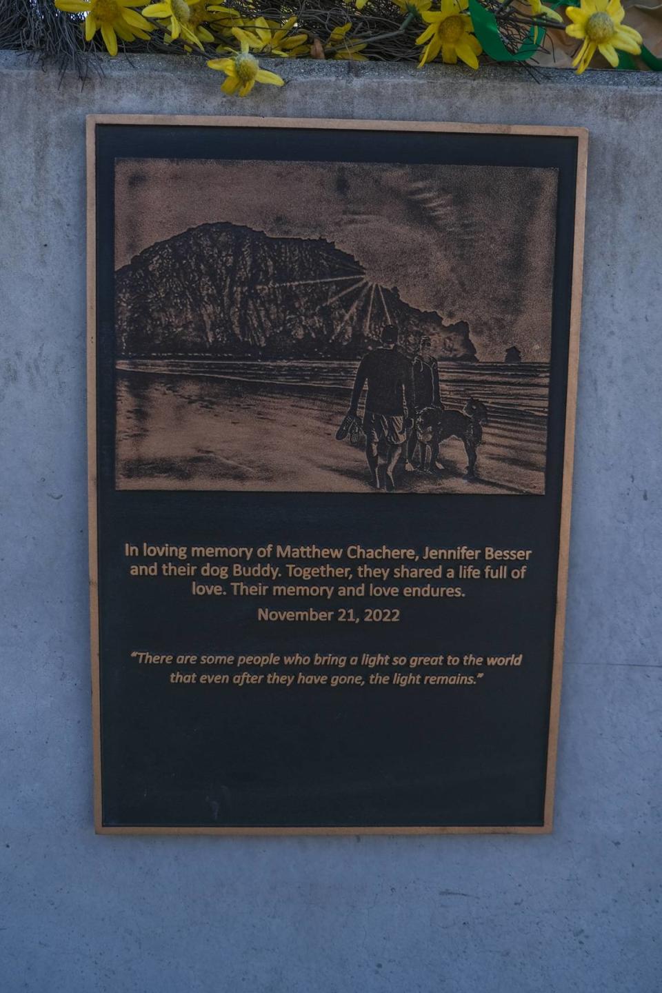 A memorial plaque to honor the lives of Matthew Chachere and Jennifer Besser was placed in the 3400 block of Sacramento Drive, in San Luis Obispo, where the couple was killed in November 2022. Daniel Saligan Patricio was convicted of vehicular manslaughter and sentence to 5 years and 4 months in prison.