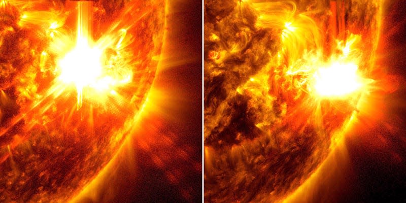 Solar flares on the Sun’s surface on May 10 (left) and May 11 (right). - Image: <a class="link " href="https://svs.gsfc.nasa.gov/14589" rel="nofollow noopener" target="_blank" data-ylk="slk:NASA/SDO;elm:context_link;itc:0;sec:content-canvas">NASA/SDO</a>