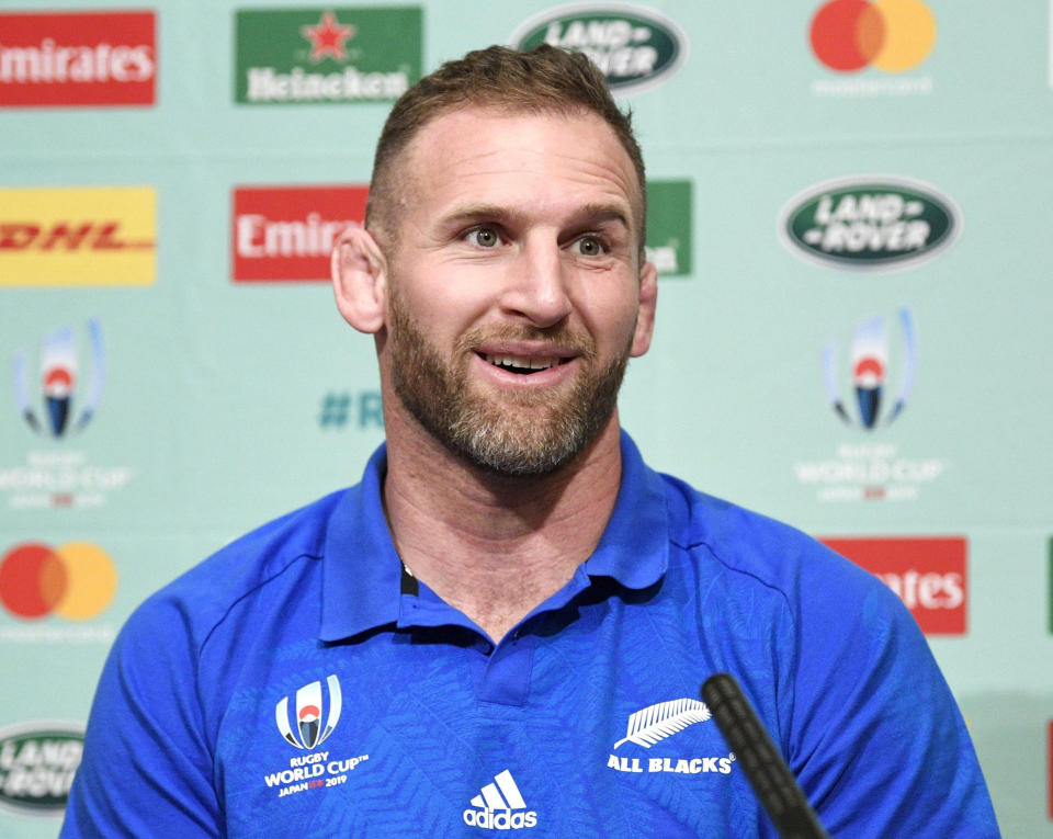 New Zealand’s captain Kieran Read speaks during a press conference ahead of the Rugby World Cup in Japan, in Tokyo Thursday, Sept. 19, 2019. New Zealand will play against South Africa on Saturday, Sept. 21 in Yokohama. (Tsuyoshi Ueda/Kyodo News via AP)