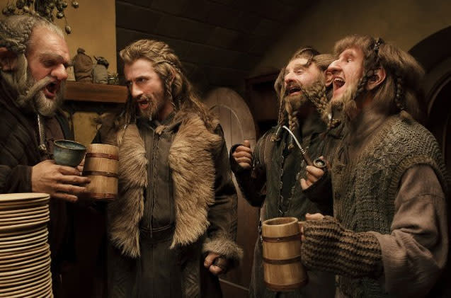 <b>It's hard out here for a dwarf </b> <br>Central to the story of "The Hobbit" films are the company of dwarves who set out to reclaim their ancestral home from a fire-breathing dragon. Led by Thorin Oakenshield, the dwarves Fili, Kili, Oin, Gloin (father of "Lord of the Rings"' Gimli), Dwalin, Balin, Bifur, Bofur, Bombur, Dori, Nori, and Ori, all differ in appearance, age, and bearing. All the actors playing them required a great deal of time in hair, makeup, and wardrobe to make their dwarvish transformations. As one of the youngest and thus most beardless dwarves, Kili (Aidan Turner) required the shortest time in the makeup chair at only 30 minutes. Bombastic Bombur (Stephen Hunter) on the other hand, required over 105 minutes every day to transform him into the rolly polly dwarf.