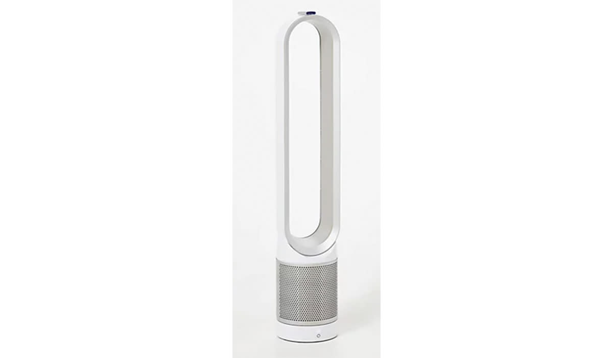 White Dyson tower fan with purifying base