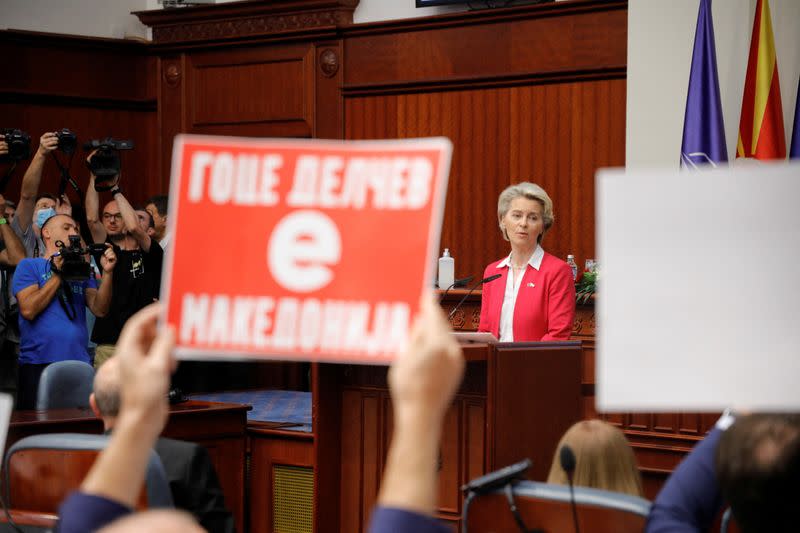 President of the European Commission, Ursula von der Leyen addresses the Assembly of North Macedonia