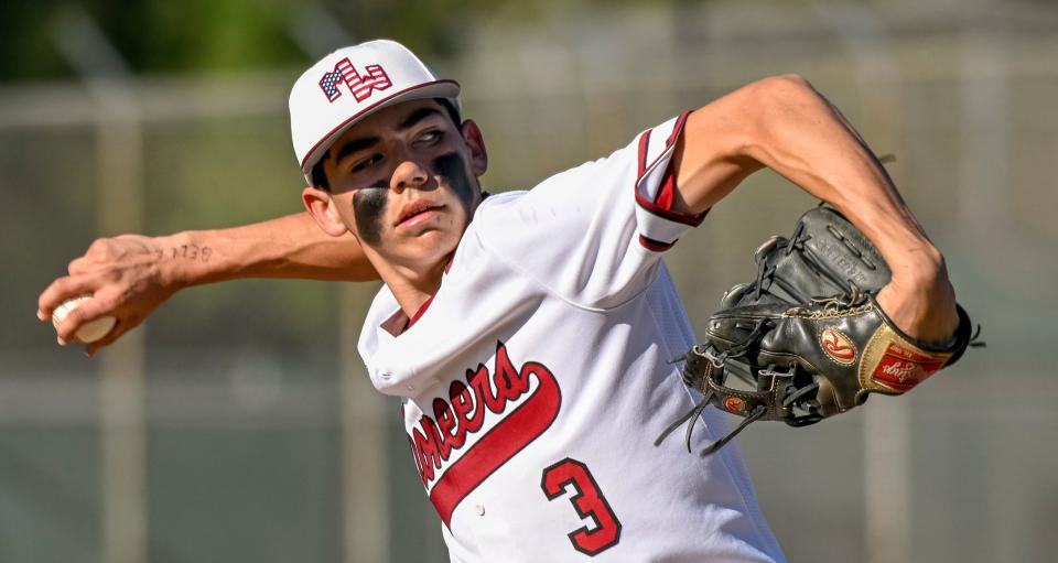 Mt. Whitney's JT Guerrero pitches against El Diamante in baseball on Thursday, March 24, 2022.
