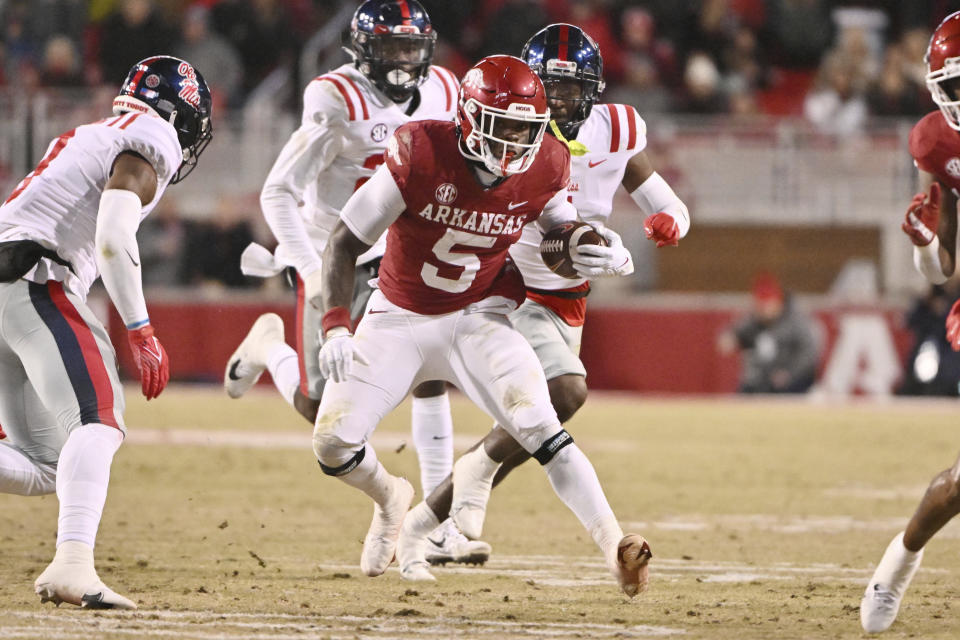 Arkansas running back Raheim Sanders (5) carries against Mississippi during the first half of an NCAA college football game Saturday, Nov. 19, 2022, in Fayetteville, Ark. (AP Photo/Michael Woods)