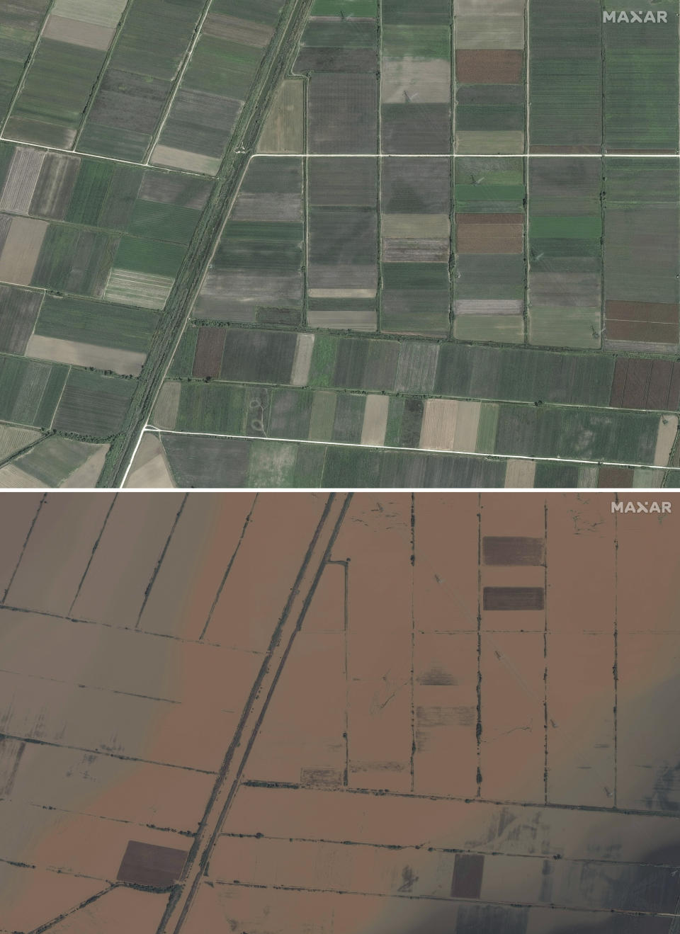 This combination of satellite images from Maxar Technologies compares a view on Sept. 16, 2022, of fields and farms east of Proastio, in the central region of Thessaly, Greece and on Sept. 9, 2023 after it was flooded following torrential rain earlier in the week. (Satellite image ©2023 Maxar Technologies via AP)