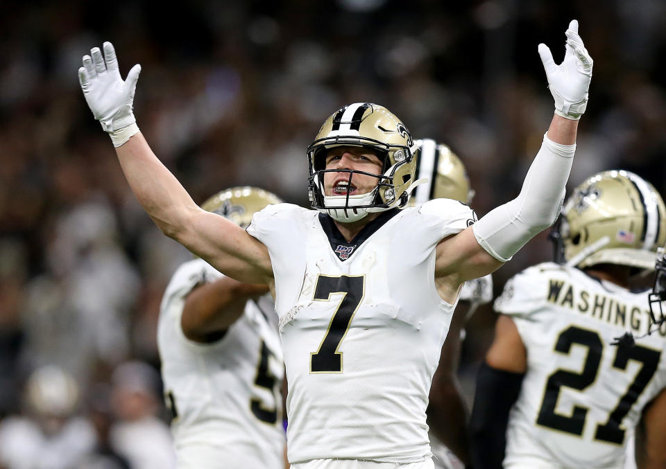 NEW ORLEANS, LOUISIANA - JANUARY 05: Taysom Hill #7 of the New Orleans Saints reacts to a play in the NFC Wild Card Playoff game against the Minnesota Vikings at the Mercedes Benz Superdome on January 05, 2020 in New Orleans, Louisiana. (Photo by Jonathan Bachman/Getty Images)