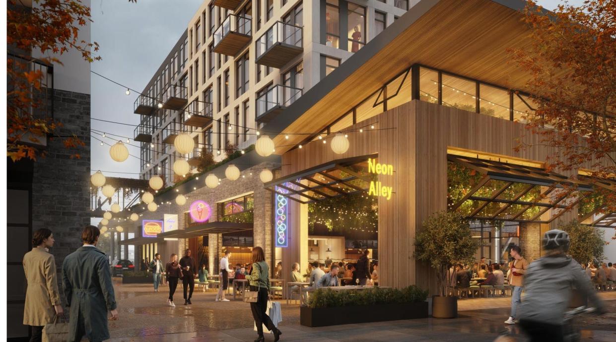 A conceptual image of plans for Block 50 show mixed-use housing, dining and retail.