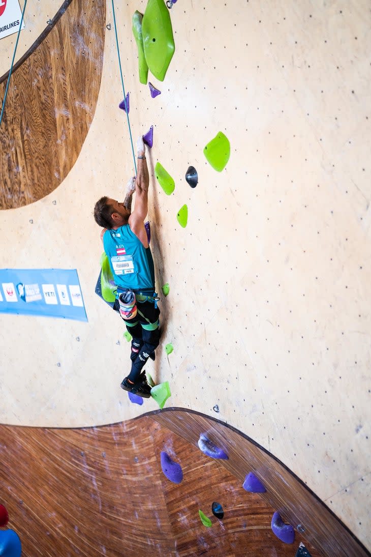 <span class="article__caption">Angelino Zeller of Austria competes in the men’s Paraclimbing AL1 final at The Front Climbing Club during the 2022 IFSC Paraclimbing World Cup in Salt Lake City.</span> (Photo: Daniel Gajda/IFSC)