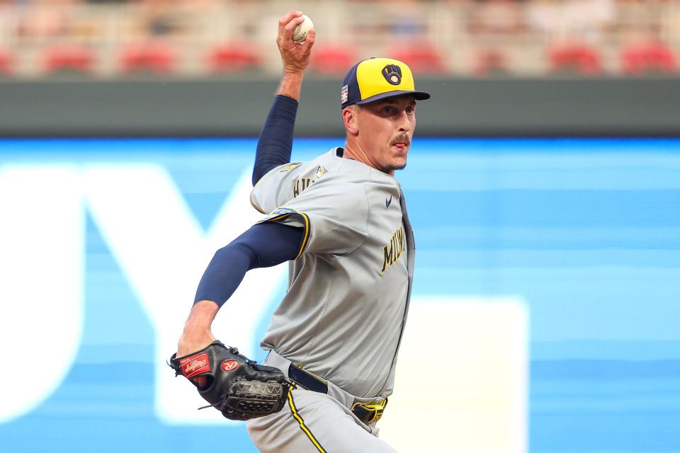 MINNEAPOLIS, MINNESOTA - JULY 20: Bryan Hudson #52 of the Milwaukee Brewers pitches against the Minnesota Twins during the seventh inning at Target Field on July 20, 2024 in Minneapolis, Minnesota. The Brewers defeated the Twins 8-4 in twelve innings. (Photo by Matt Krohn/Getty Images)