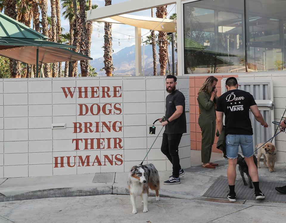 People bring their dogs to the new Boozehounds dog-friendly restaurant in Palm Springs, April 27, 2021.