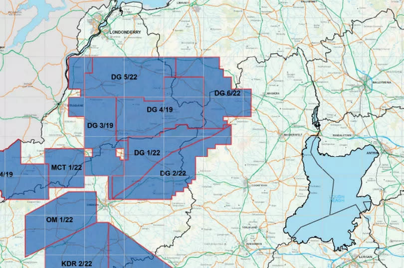 Dalradian Gold holds six mineral prospecting licenses in Northern Ireland - they are outlined on this DE map with the initials DG