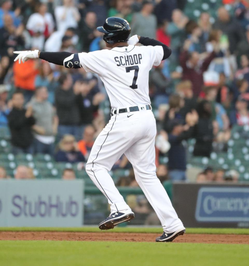 Detroit Tigers second baseman Jonathan Schoop (7) celebrates his three-run homer during fourth inning action on Tuesday, June 22, 2021, at Comerica Park in Detroit.