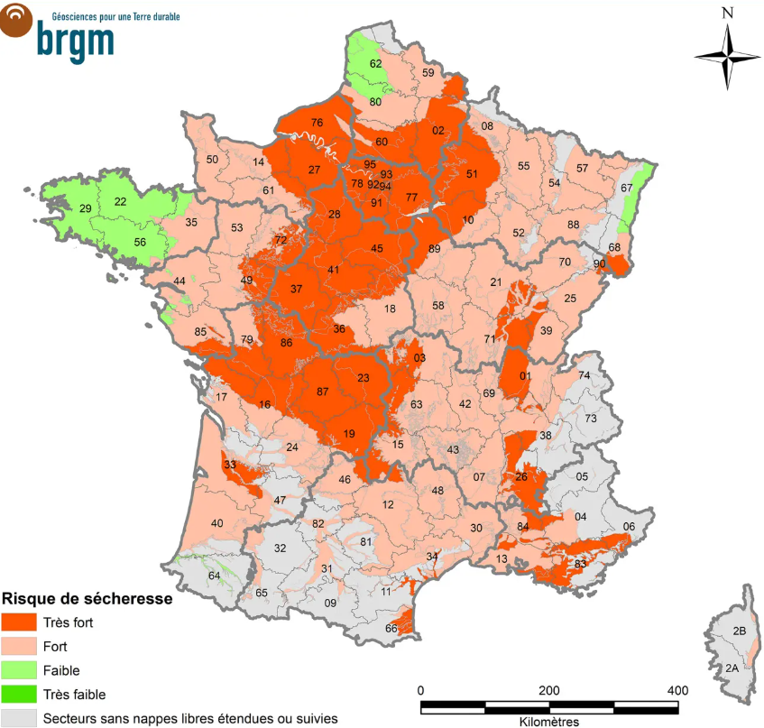 Le BRGM s’inquiète du risque de sécheresse pour l’été 2023, avec toute une partie du pays qui est d’ores et déjà placée en « risque très fort ».