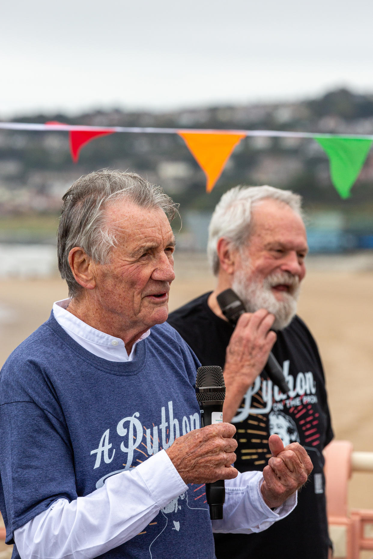 Sir Michael Palin and Terry Gilliam on a beach