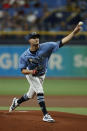 Tampa Bay Rays pitcher Shane McClanahan works from the mound against the Detroit Tigers during the first inning of a baseball game Sunday, Sept., 19, 2021, in St. Petersburg, Fla. (AP Photo/Scott Audette)