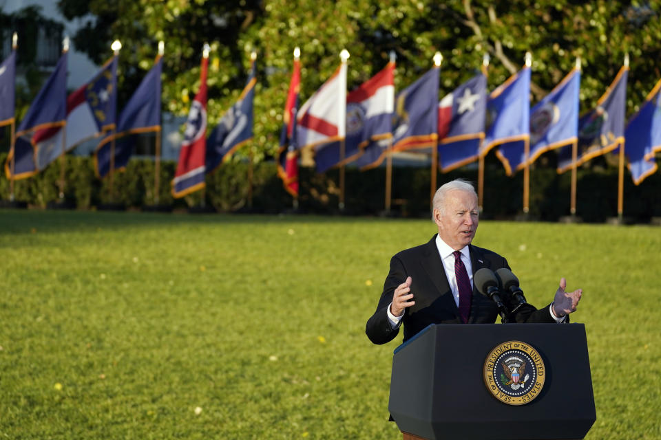 President Joe Biden speaks before signing the "Infrastructure Investment and Jobs Act" during an event on the South Lawn of the White House, Monday, Nov. 15, 2021, in Washington. (AP Photo/Evan Vucci)