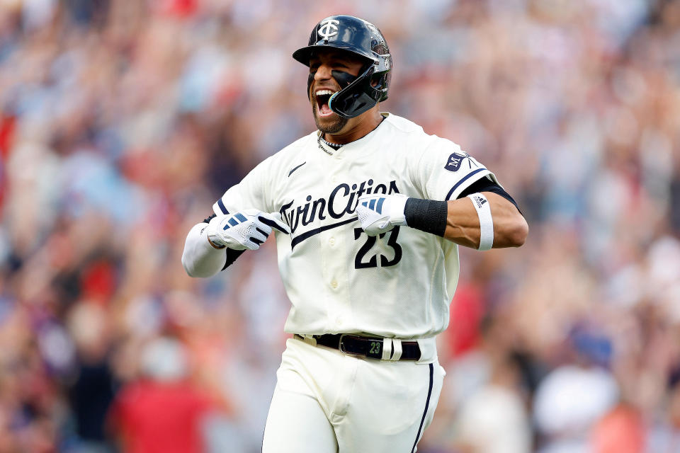 Royce Lewis celebrates his first-inning homer. (David Berding/Getty Images)