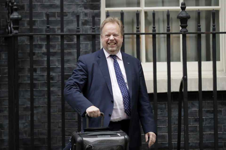 Andy Palmer, the CEO of Aston Martin, leaves after attending a meeting of business leaders at 10 Downing Street in London, Monday, Oct. 9, 2017. (AP Photo/Matt Dunham)